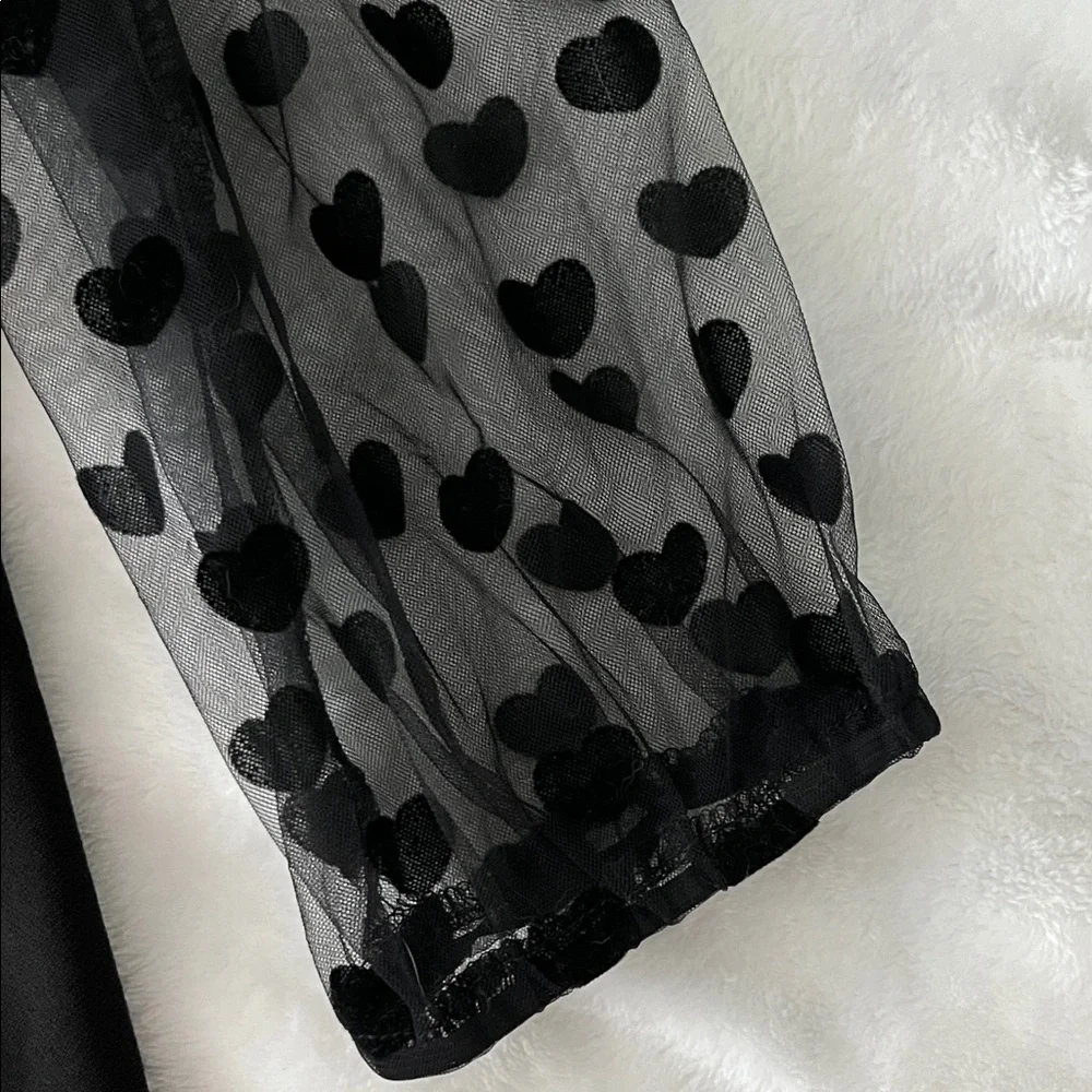 Black Women's Puff Sleeve Sheer Polka Dot Top - Picture 4 of 4